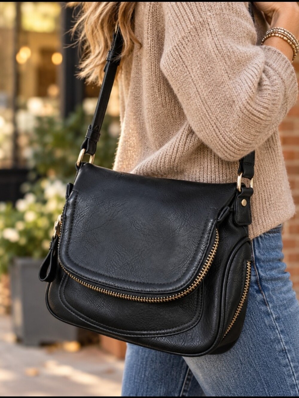 Madison West Black Crossbody Saddle Bag Gold Zippers Boho